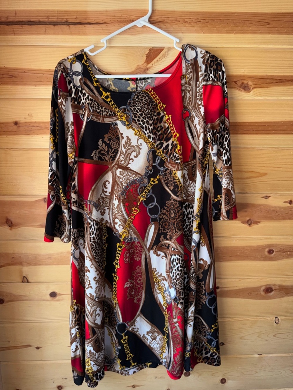Red, Black & Gold Chain-Print Tunic Dress